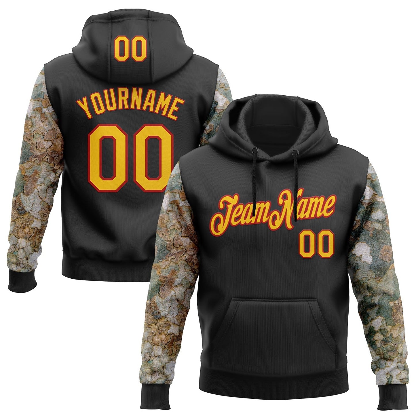 Custom Stitched Black Yellow-Red 3D Pattern Design Tree Camo Hunting Sports Pullover Sweatshirt Hoodie - Main View