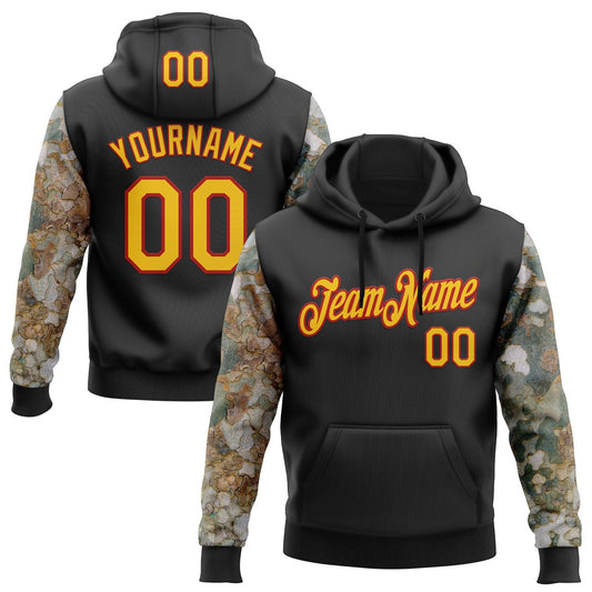 Custom Stitched Black Yellow-Red 3D Pattern Design Tree Camo Hunting Sports Pullover Sweatshirt Hoodie - Main View