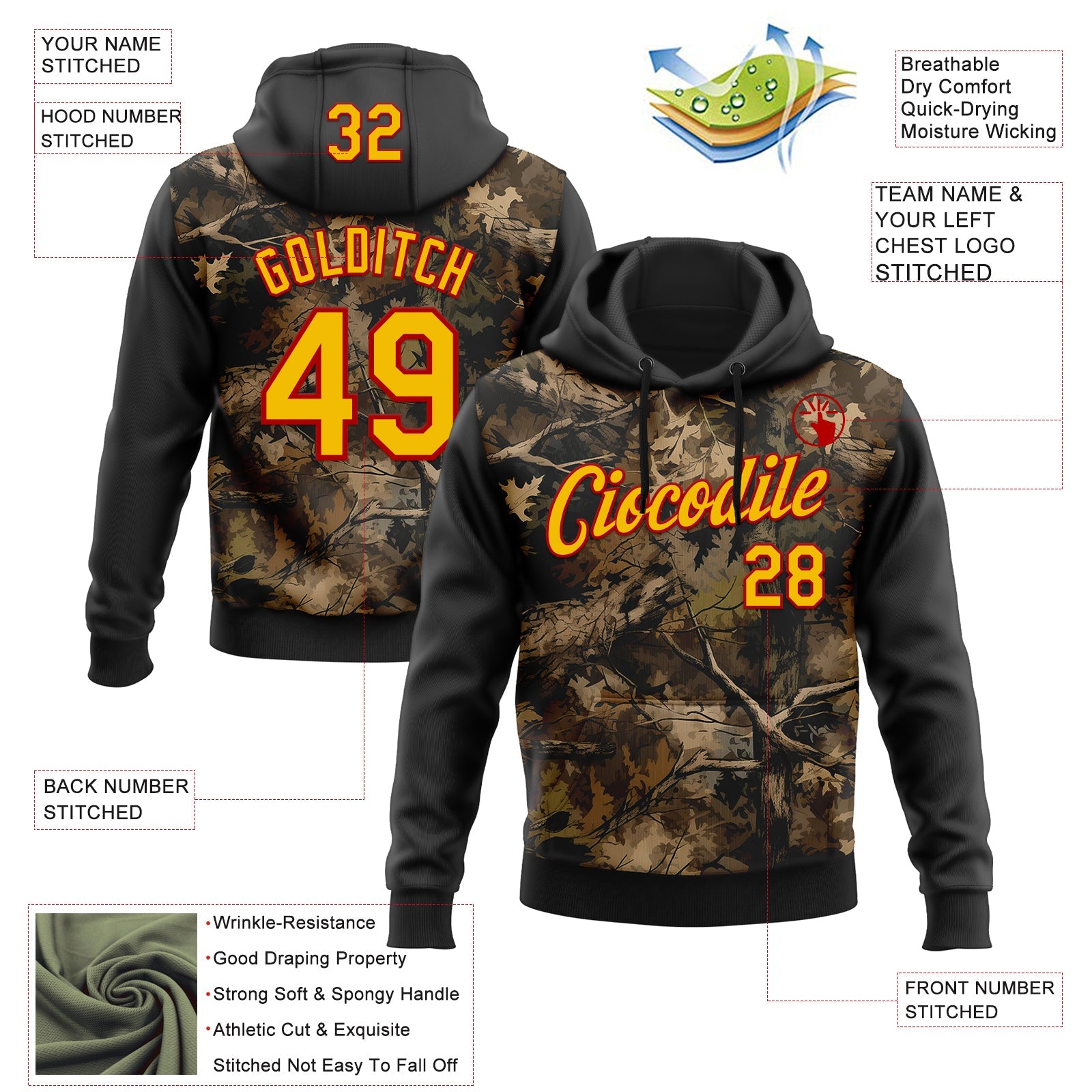 Custom Stitched Black Yellow-Red 3D Pattern Design Tree Camo Hunting Sports Pullover Sweatshirt Hoodie view 2
