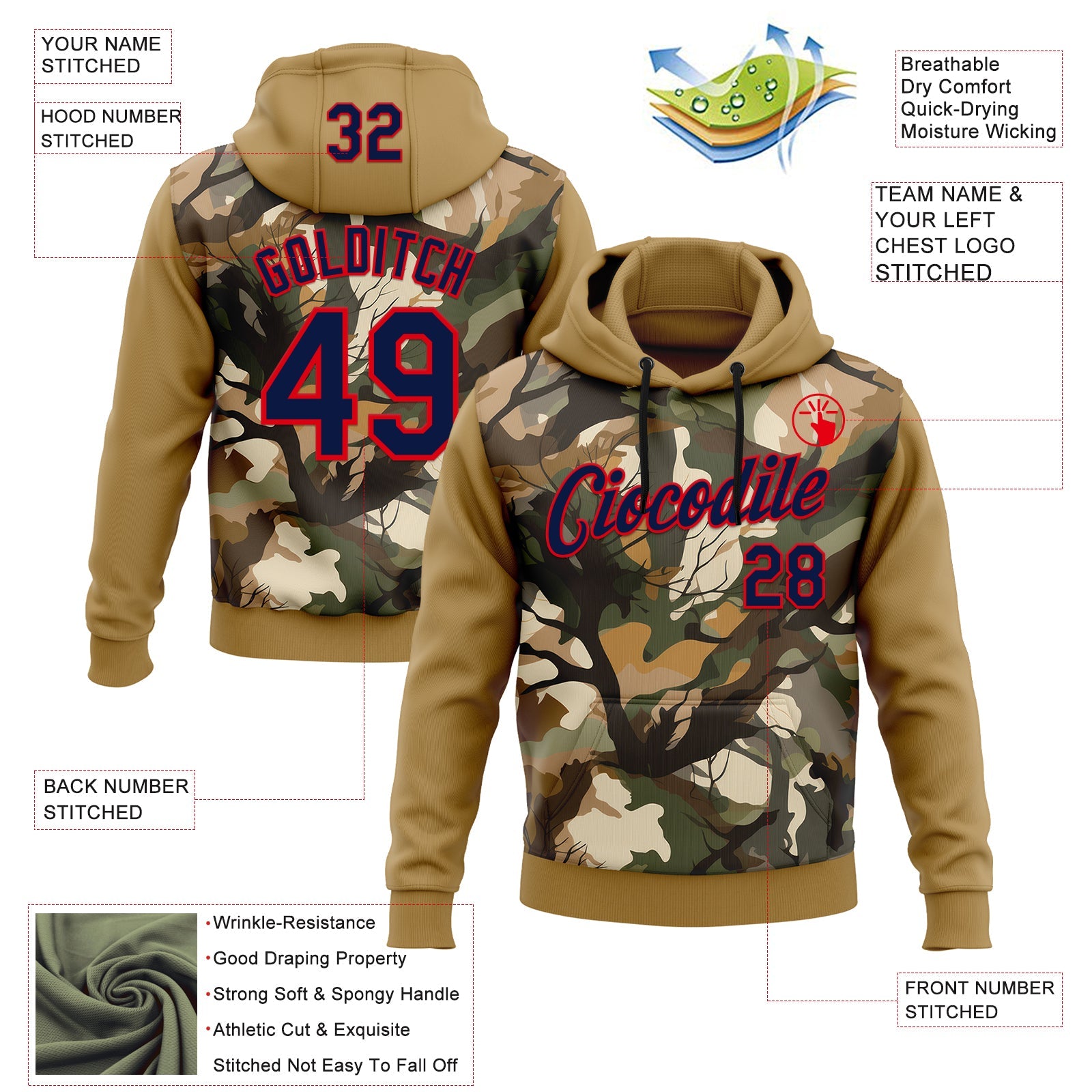Custom Stitched Old Gold Navy-Fire Red 3D Pattern Design Tree Camo Hunting Sports Pullover Sweatshirt Hoodie view 2