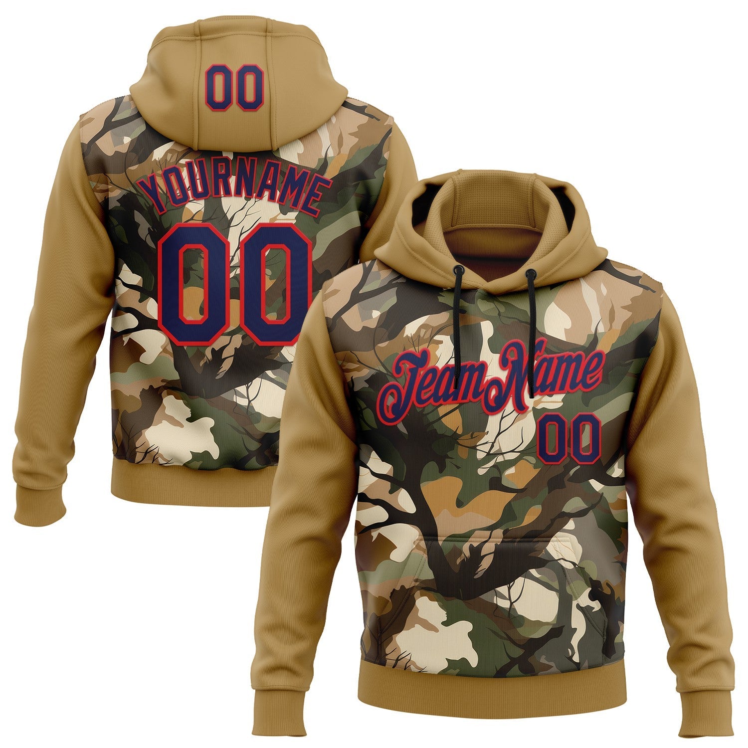 Custom Stitched Old Gold Navy-Fire Red 3D Pattern Design Tree Camo Hunting Sports Pullover Sweatshirt Hoodie - Main View