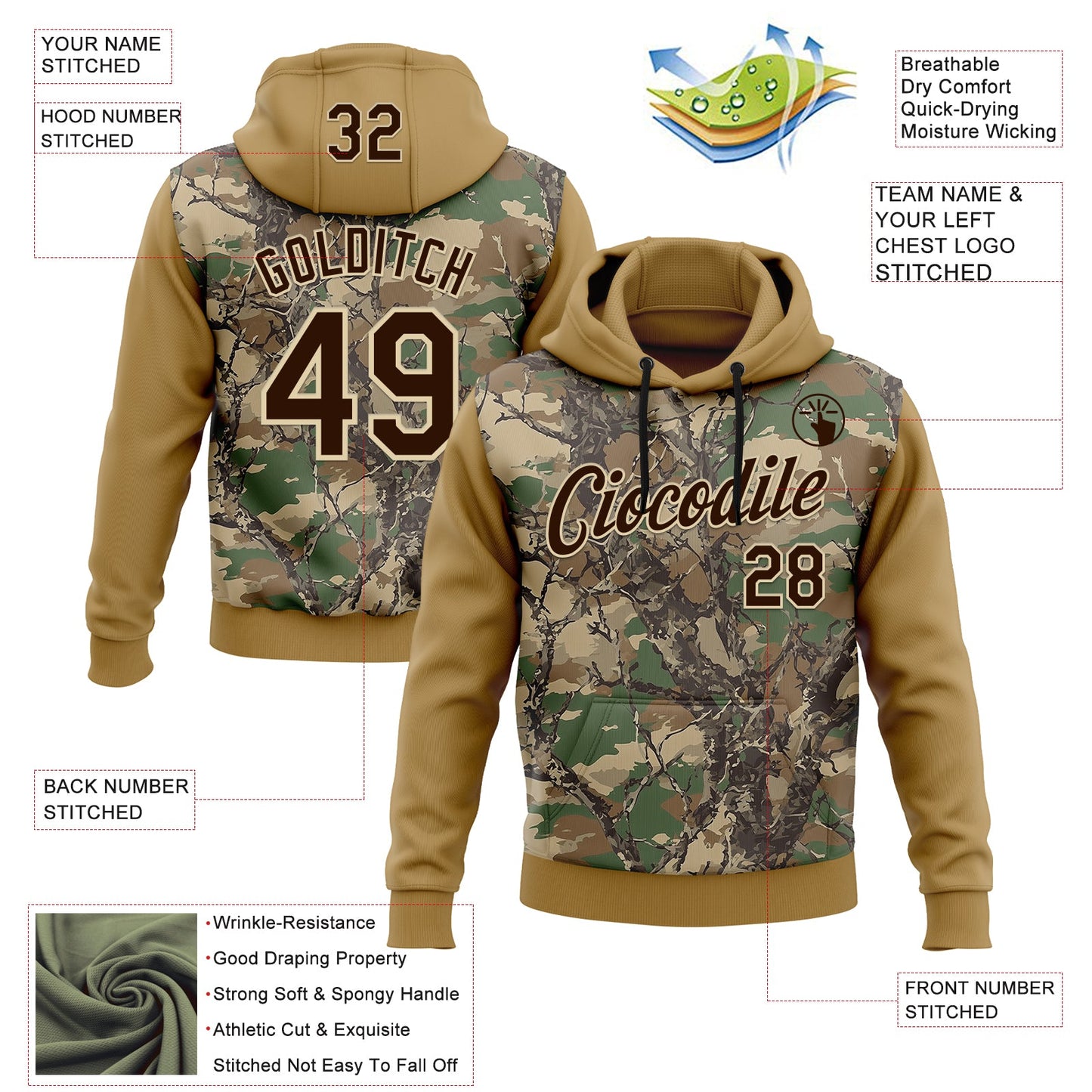 Custom Stitched Old Gold Brown-Cream 3D Pattern Design Tree Camo Hunting Sports Pullover Sweatshirt Hoodie view 2