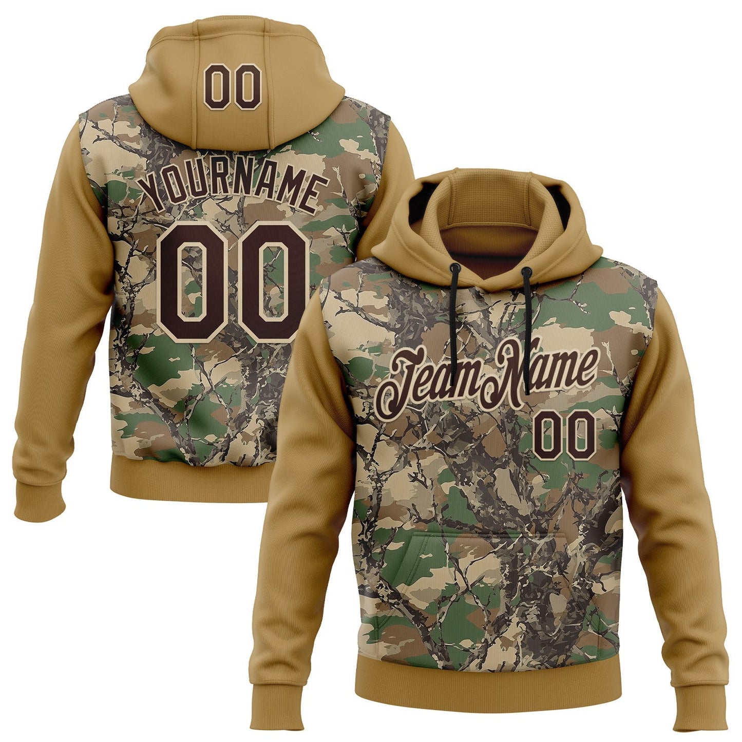 Custom Stitched Old Gold Brown-Cream 3D Pattern Design Tree Camo Hunting Sports Pullover Sweatshirt Hoodie - Main View