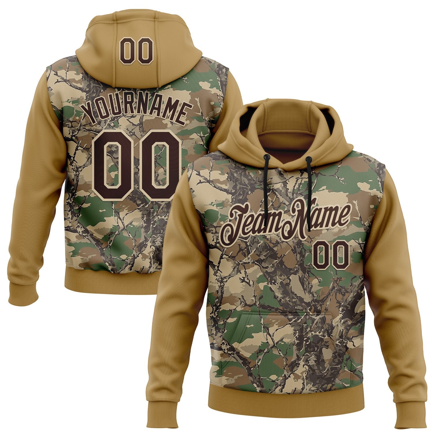 Custom Stitched Old Gold Brown-Cream 3D Pattern Design Tree Camo Hunting Sports Pullover Sweatshirt Hoodie - Main View