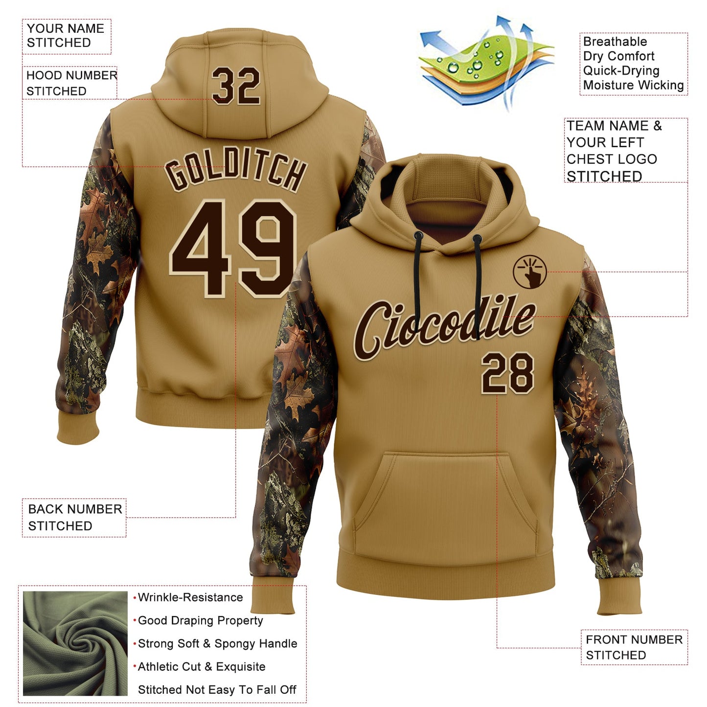 Custom Stitched Old Gold Brown-Cream 3D Pattern Design Tree Camo Hunting Sports Pullover Sweatshirt Hoodie view 2