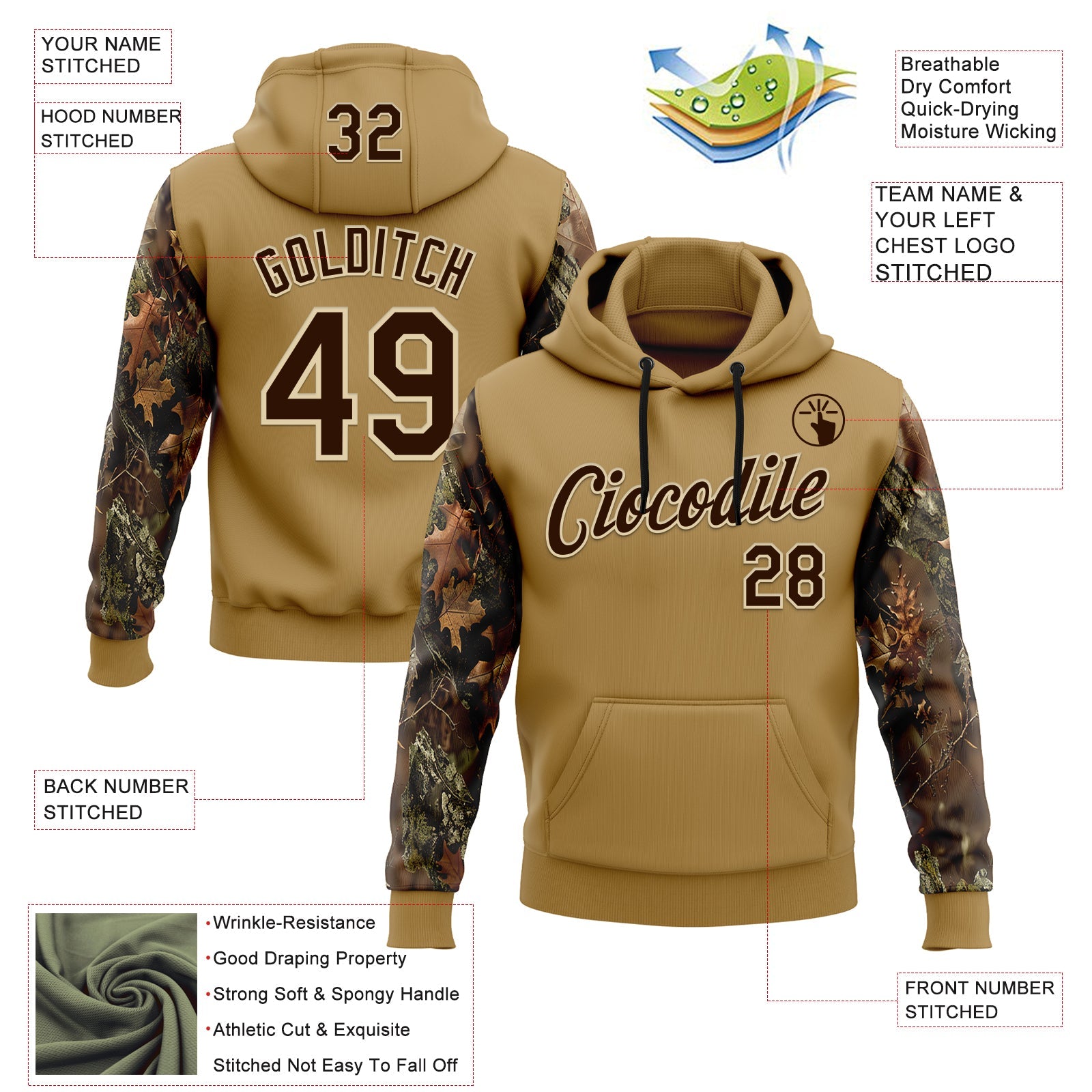 Custom Stitched Old Gold Brown-Cream 3D Pattern Design Tree Camo Hunting Sports Pullover Sweatshirt Hoodie view 2
