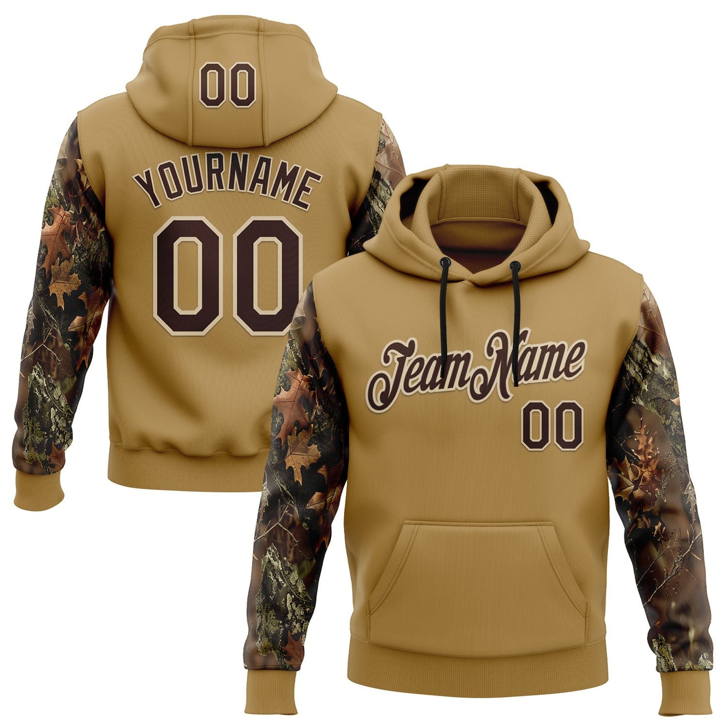 Custom Stitched Old Gold Brown-Cream 3D Pattern Design Tree Camo Hunting Sports Pullover Sweatshirt Hoodie - Main View