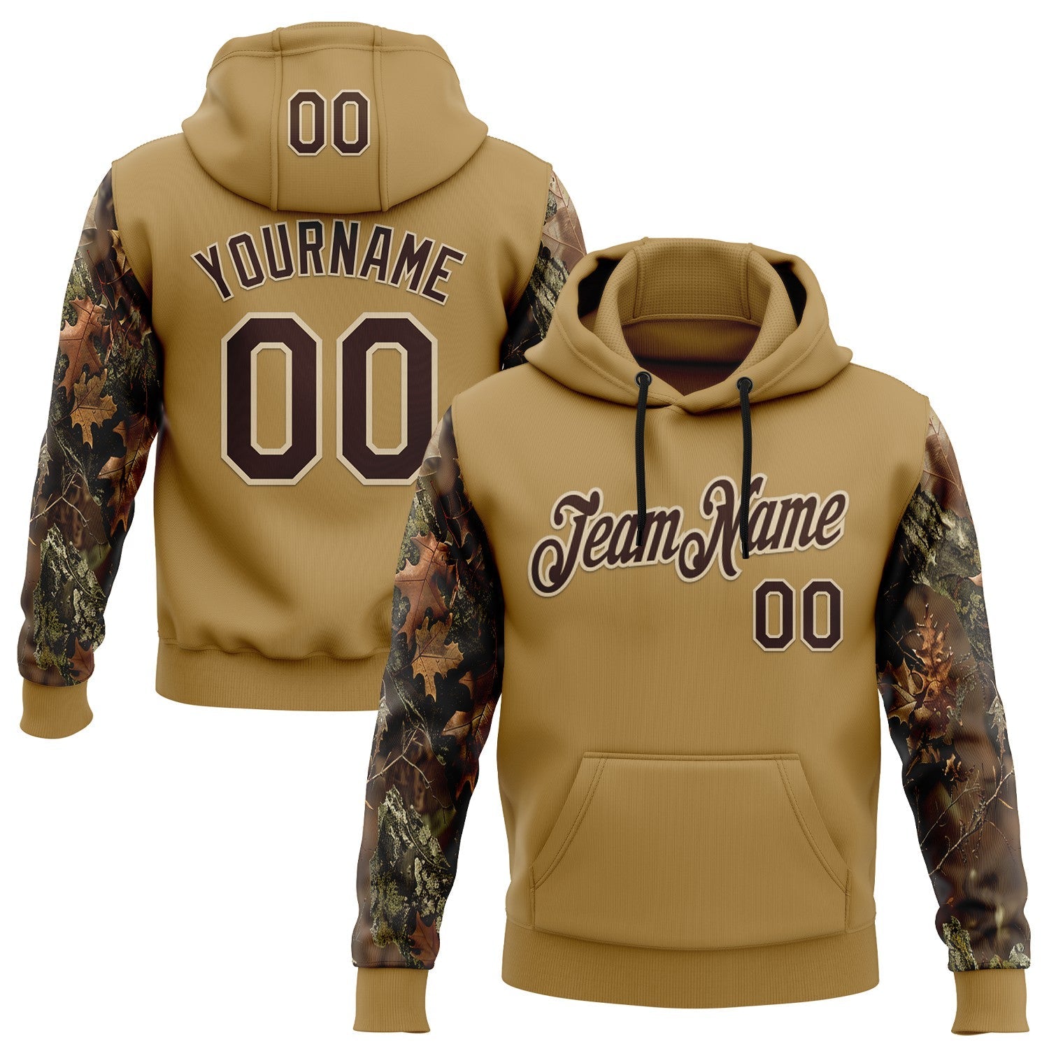 Custom Stitched Old Gold Brown-Cream 3D Pattern Design Tree Camo Hunting Sports Pullover Sweatshirt Hoodie - Main View