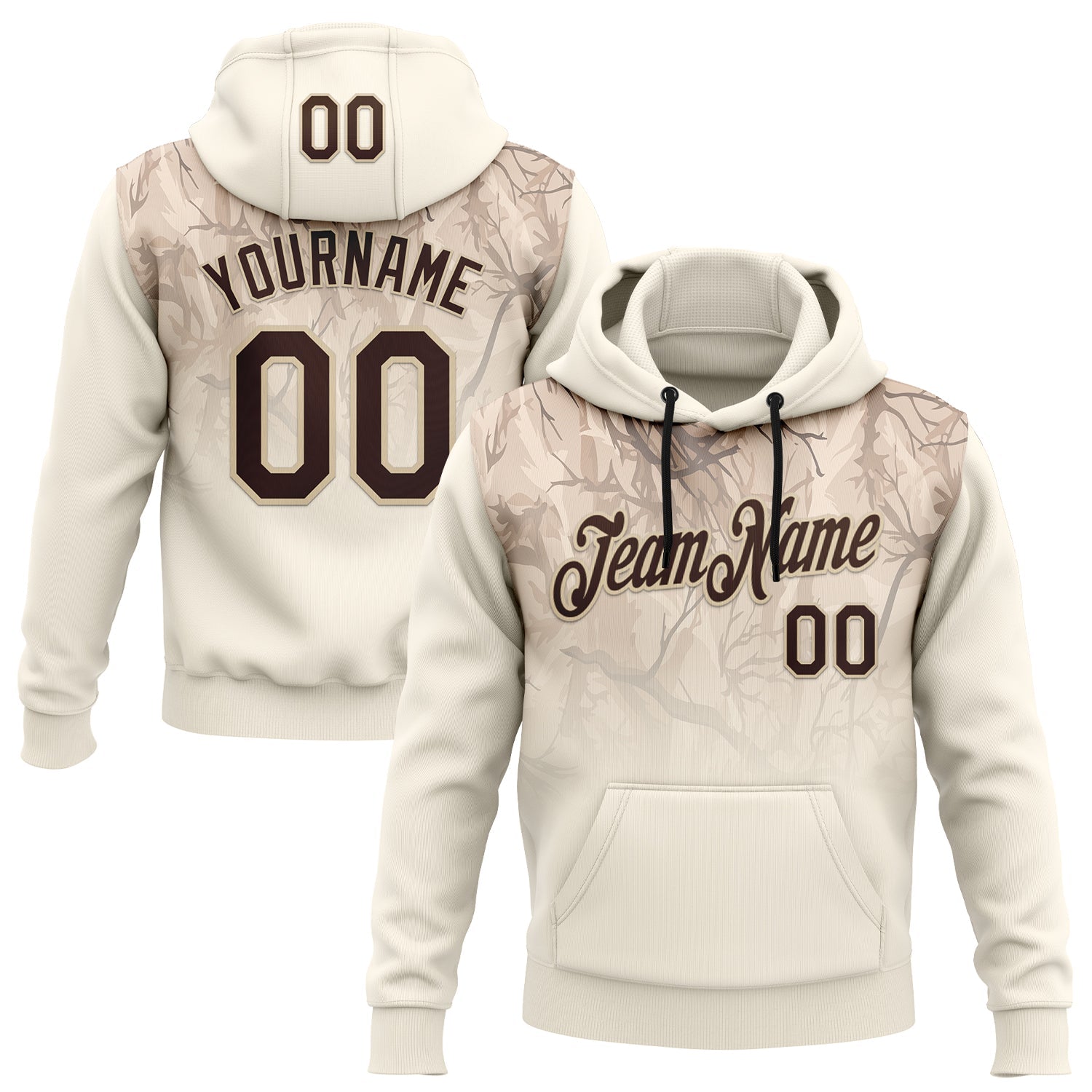 Custom Stitched Cream Brown-Cream 3D Pattern Design Tree Camo Gradient Hunting Sports Pullover Sweatshirt Hoodie - Main View