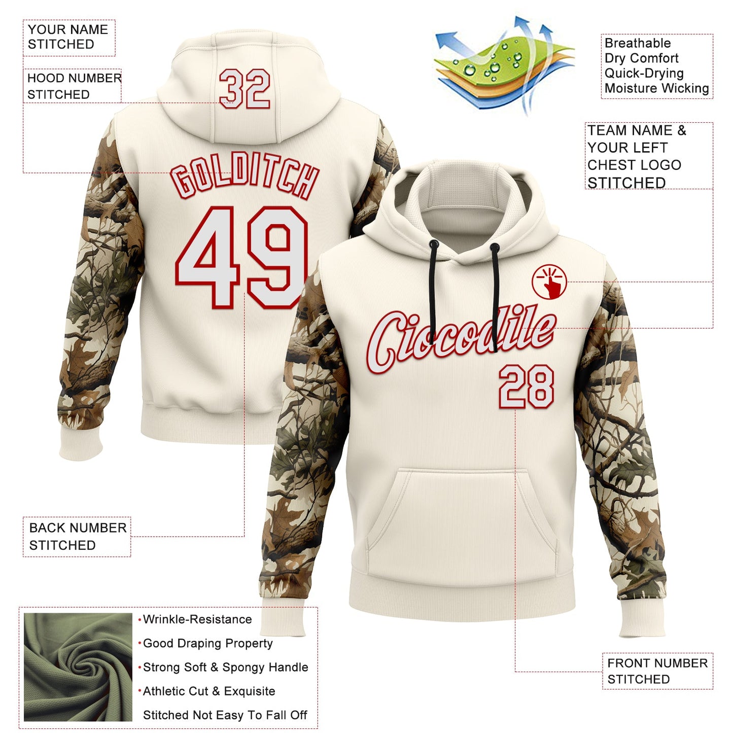 Custom Stitched Cream White-Red 3D Pattern Design Tree Camo Hunting Sports Pullover Sweatshirt Hoodie view 2