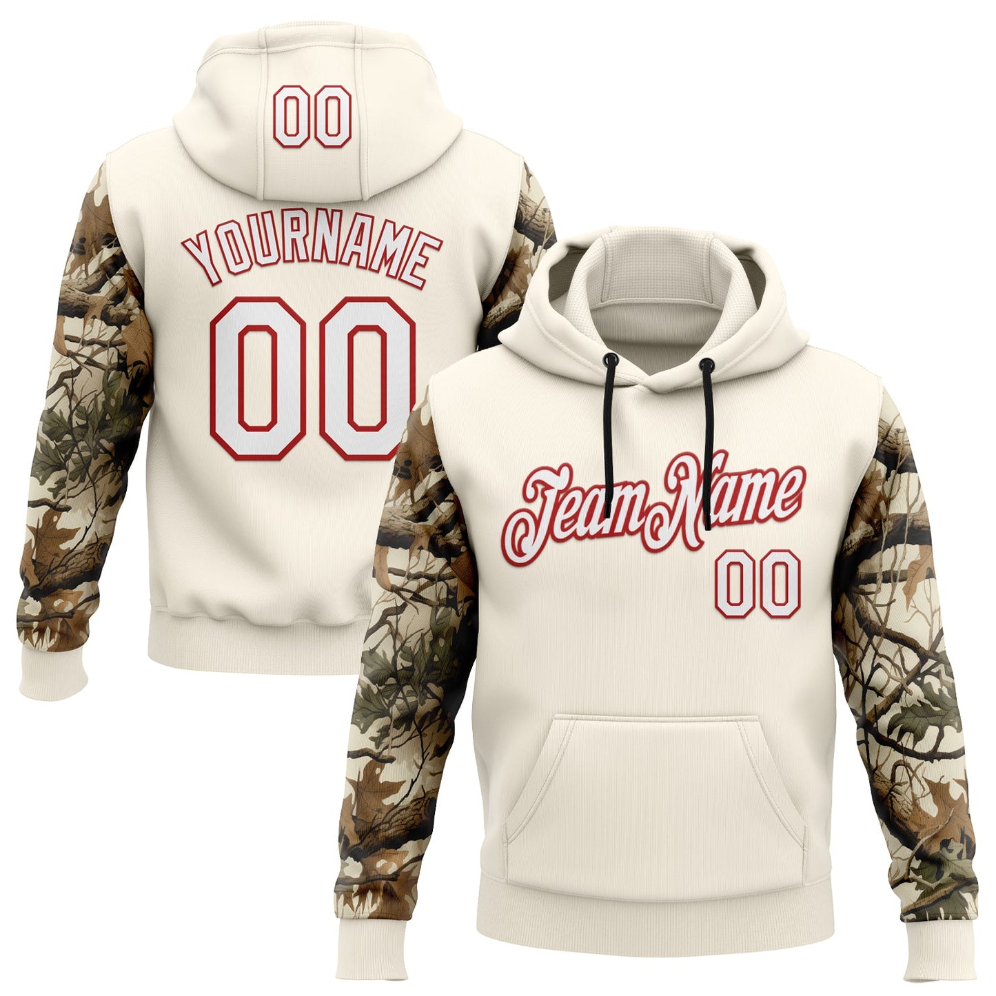 Custom Stitched Cream White-Red 3D Pattern Design Tree Camo Hunting Sports Pullover Sweatshirt Hoodie - Main View