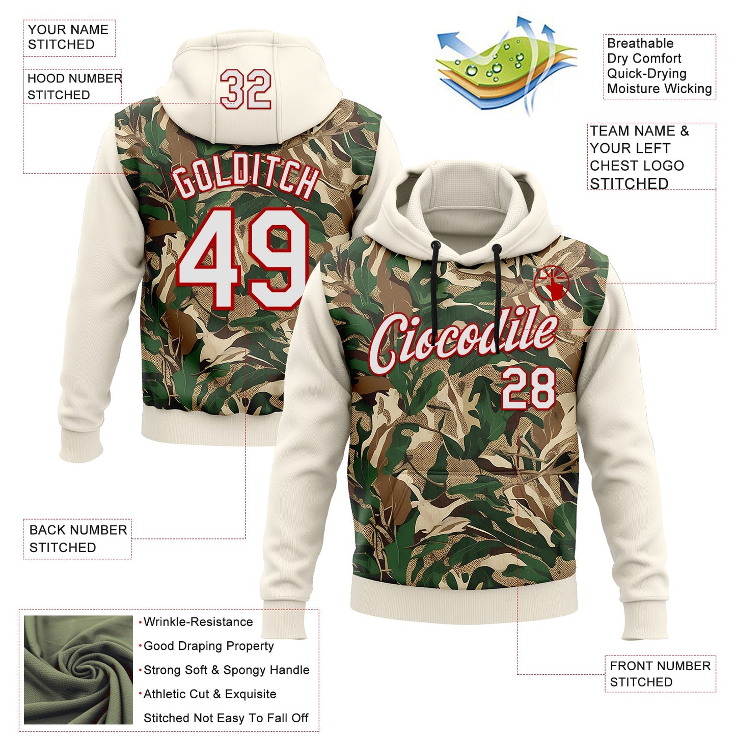 Custom Stitched Cream White-Red 3D Pattern Design Tree Camo Hunting Sports Pullover Sweatshirt Hoodie view 2