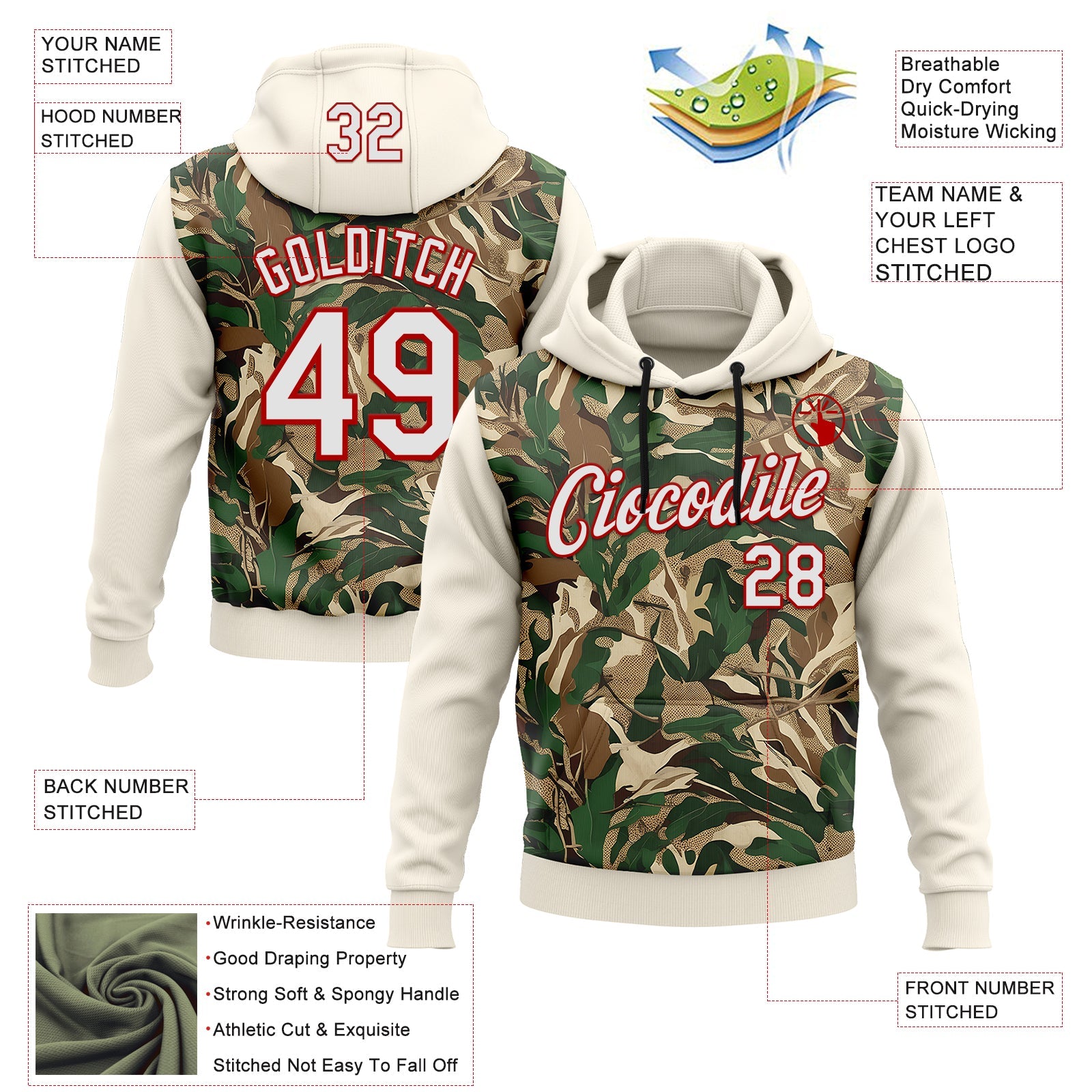 Custom Stitched Cream White-Red 3D Pattern Design Tree Camo Hunting Sports Pullover Sweatshirt Hoodie view 2