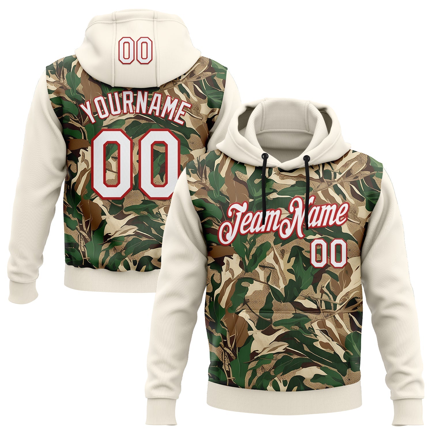 Custom Stitched Cream White-Red 3D Pattern Design Tree Camo Hunting Sports Pullover Sweatshirt Hoodie - Main View