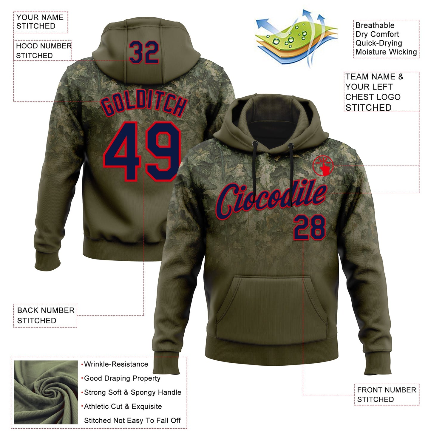 Custom Stitched Olive Navy-Fire Red 3D Pattern Design Tree Camo Gradient Hunting Sports Pullover Sweatshirt Salute To Service Hoodie view 2