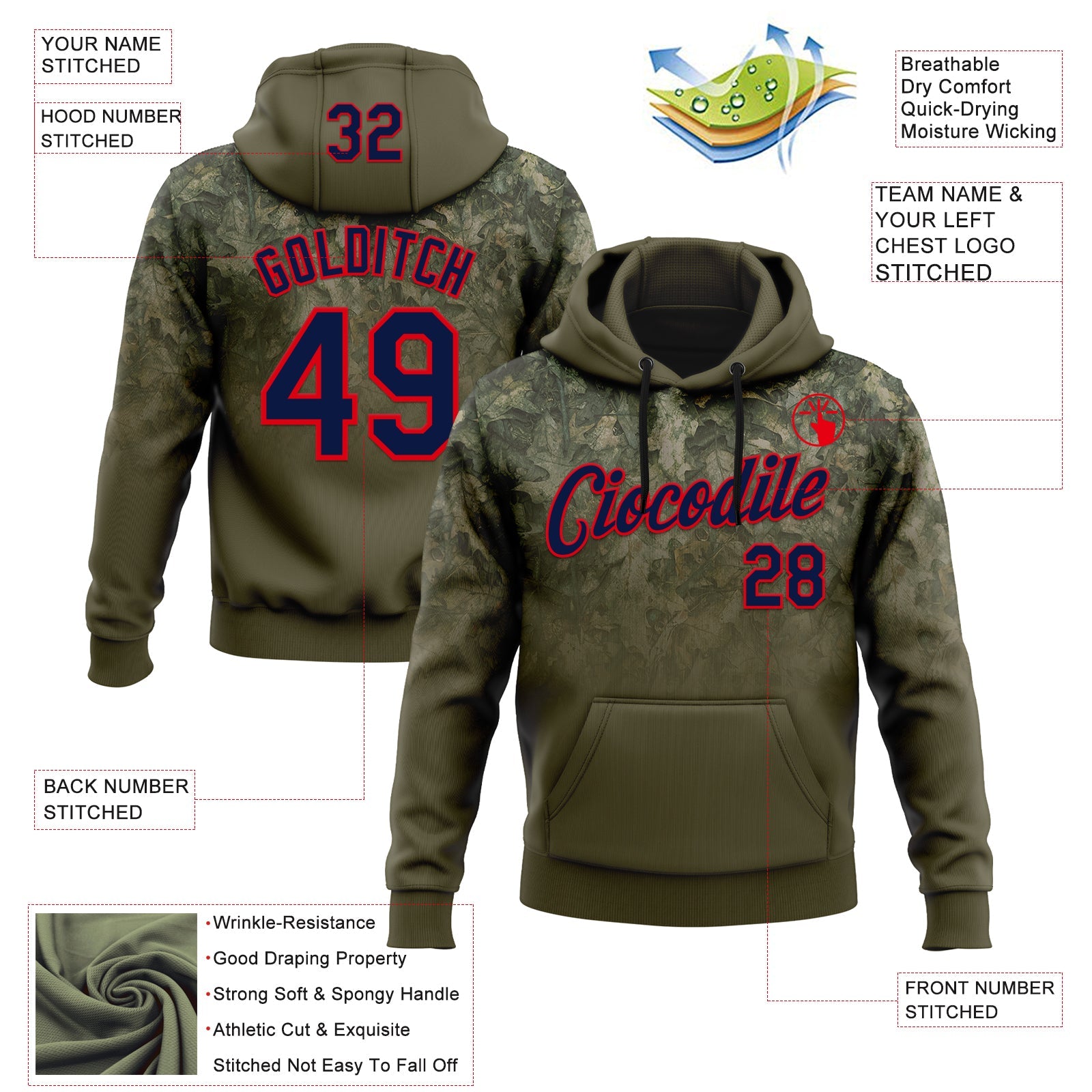 Custom Stitched Olive Navy-Fire Red 3D Pattern Design Tree Camo Gradient Hunting Sports Pullover Sweatshirt Salute To Service Hoodie view 2