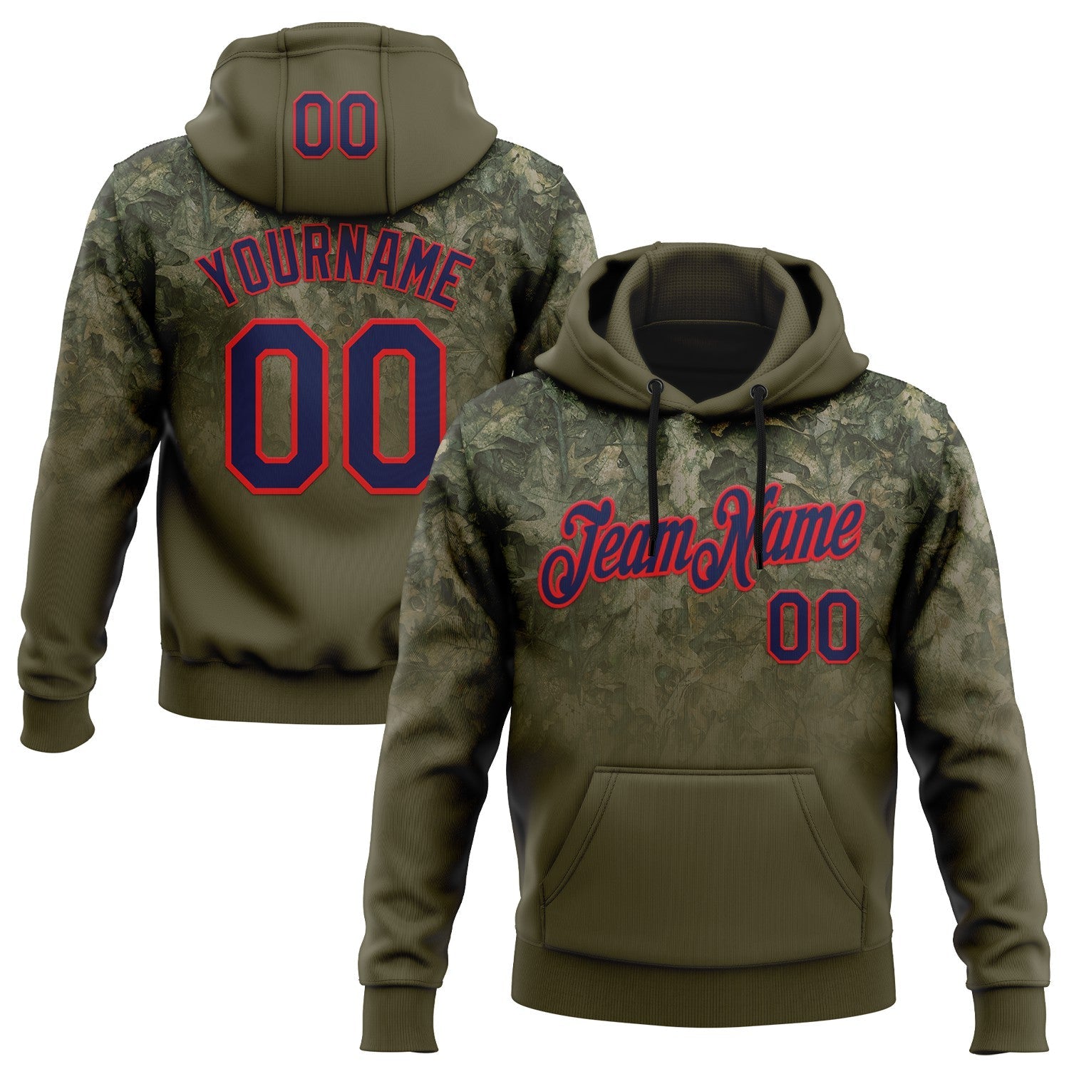 Custom Stitched Olive Navy-Fire Red 3D Pattern Design Tree Camo Gradient Hunting Sports Pullover Sweatshirt Salute To Service Hoodie - Main View