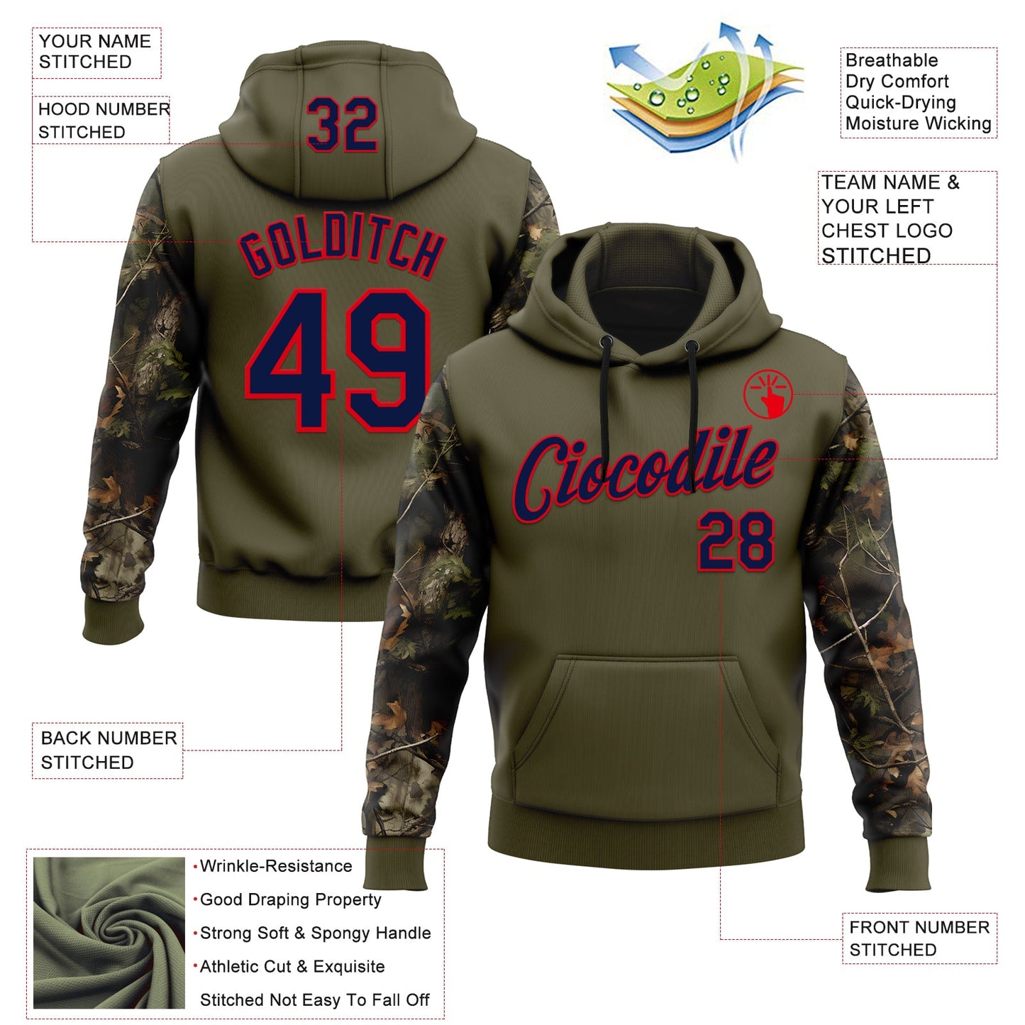 Custom Stitched Olive Navy-Fire Red 3D Pattern Design Tree Camo Hunting Sports Pullover Sweatshirt Salute To Service Hoodie view 2