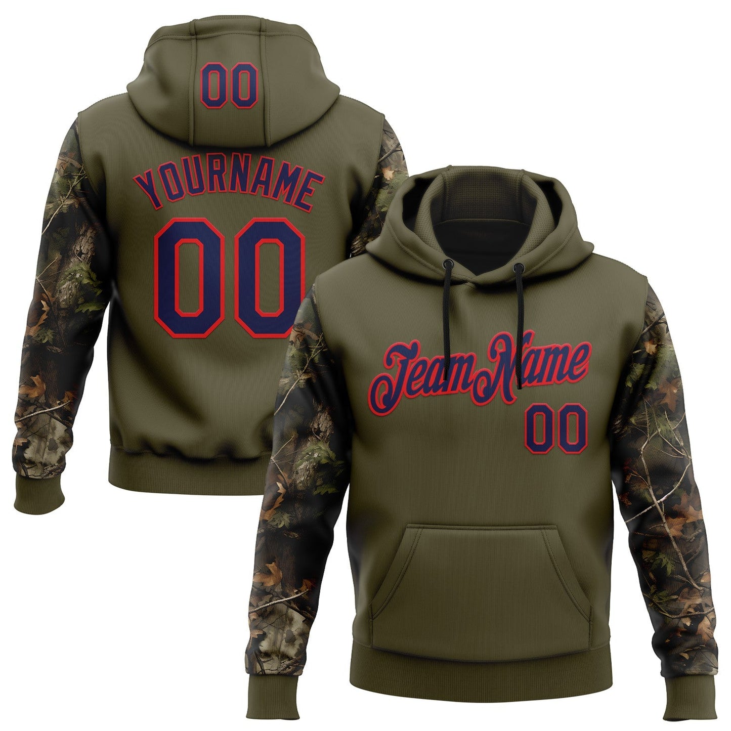 Custom Stitched Olive Navy-Fire Red 3D Pattern Design Tree Camo Hunting Sports Pullover Sweatshirt Salute To Service Hoodie - Main View