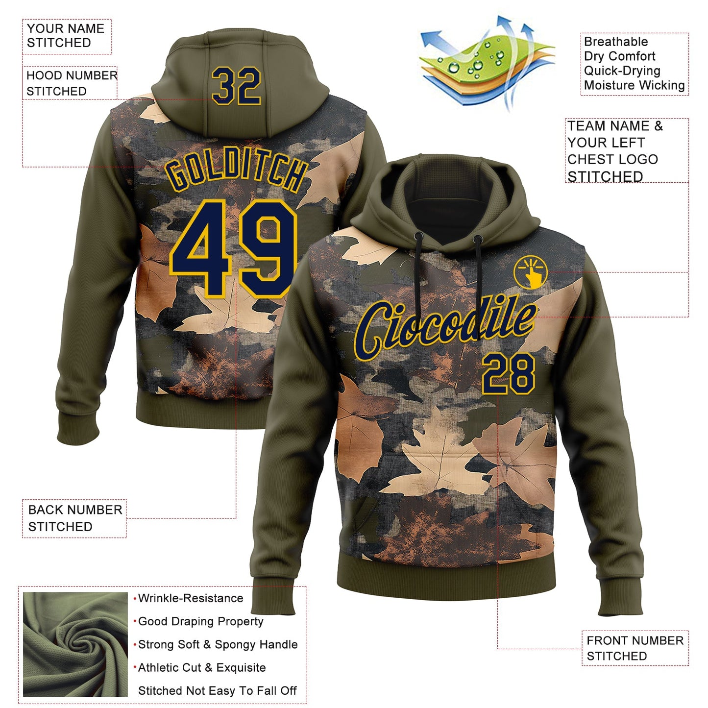 Custom Stitched Olive Navy-Yellow 3D Pattern Design Tree Camo Hunting Sports Pullover Sweatshirt Salute To Service Hoodie view 2