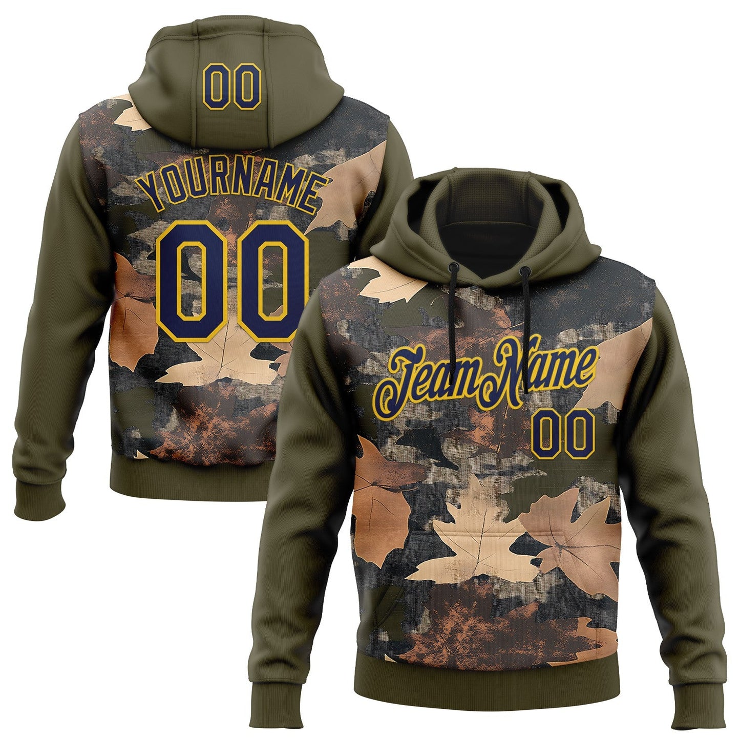 Custom Stitched Olive Navy-Yellow 3D Pattern Design Tree Camo Hunting Sports Pullover Sweatshirt Salute To Service Hoodie - Main View