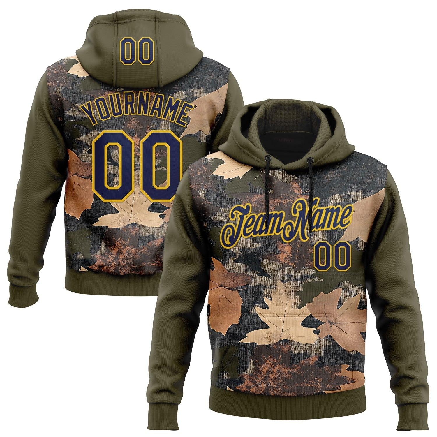 Custom Stitched Olive Navy-Yellow 3D Pattern Design Tree Camo Hunting Sports Pullover Sweatshirt Salute To Service Hoodie - Main View