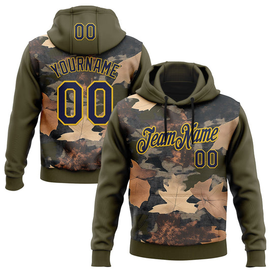 Custom Stitched Olive Navy-Yellow 3D Pattern Design Tree Camo Hunting Sports Pullover Sweatshirt Salute To Service Hoodie - Main View