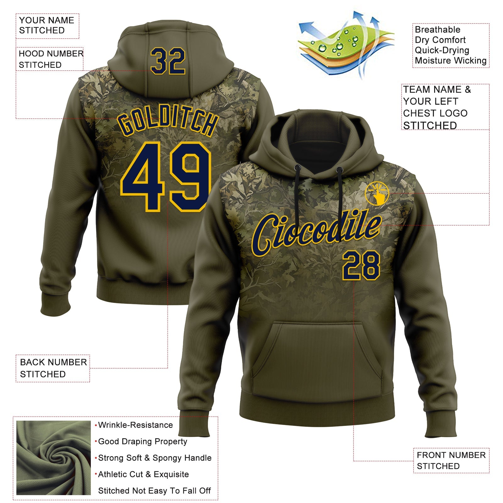 Custom Stitched Olive Navy-Yellow 3D Pattern Design Tree Camo Gradient Hunting Sports Pullover Sweatshirt Salute To Service Hoodie view 2