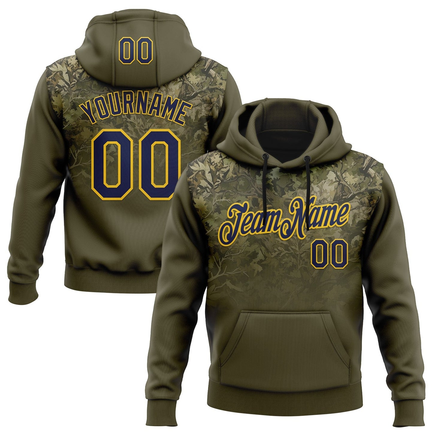 Custom Stitched Olive Navy-Yellow 3D Pattern Design Tree Camo Gradient Hunting Sports Pullover Sweatshirt Salute To Service Hoodie - Main View