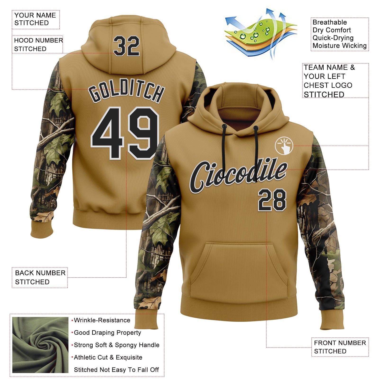 Custom Stitched Old Gold Black-White 3D Pattern Design Tree Camo Hunting Sports Pullover Sweatshirt Hoodie view 2