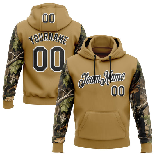 Custom Stitched Old Gold Black-White 3D Pattern Design Tree Camo Hunting Sports Pullover Sweatshirt Hoodie - Main View