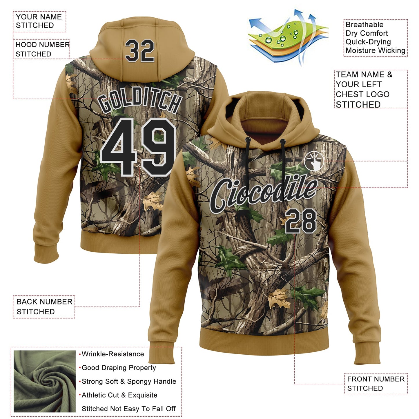 Custom Stitched Old Gold Black-White 3D Pattern Design Tree Camo Hunting Sports Pullover Sweatshirt Hoodie view 2