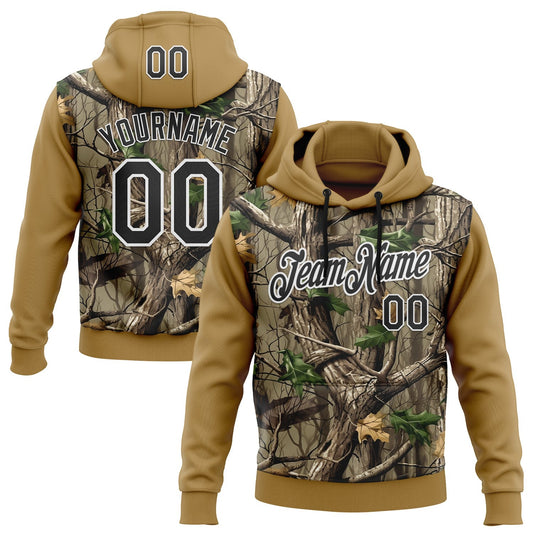 Custom Stitched Old Gold Black-White 3D Pattern Design Tree Camo Hunting Sports Pullover Sweatshirt Hoodie - Main View