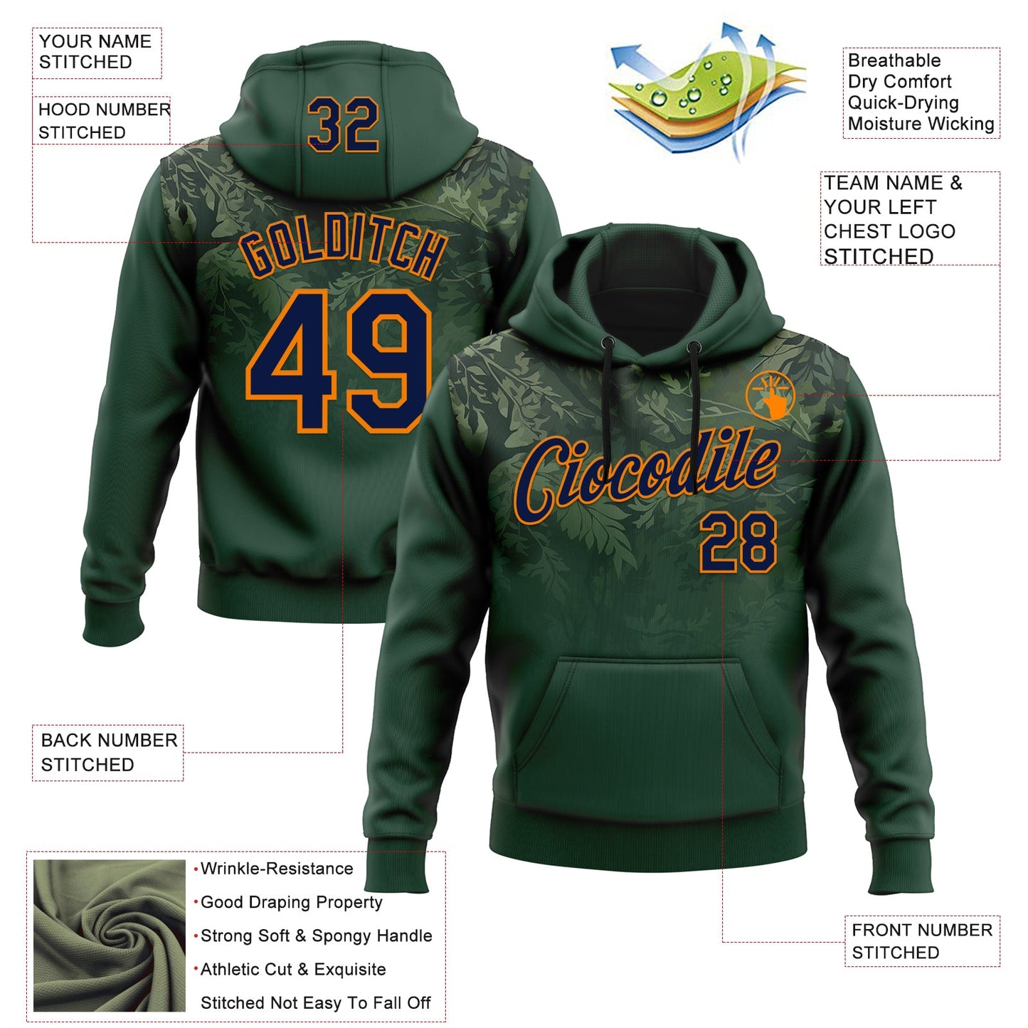 Custom Stitched Green Navy-Bay Orange 3D Pattern Design Tree Camo Gradient Hunting Sports Pullover Sweatshirt Hoodie view 2