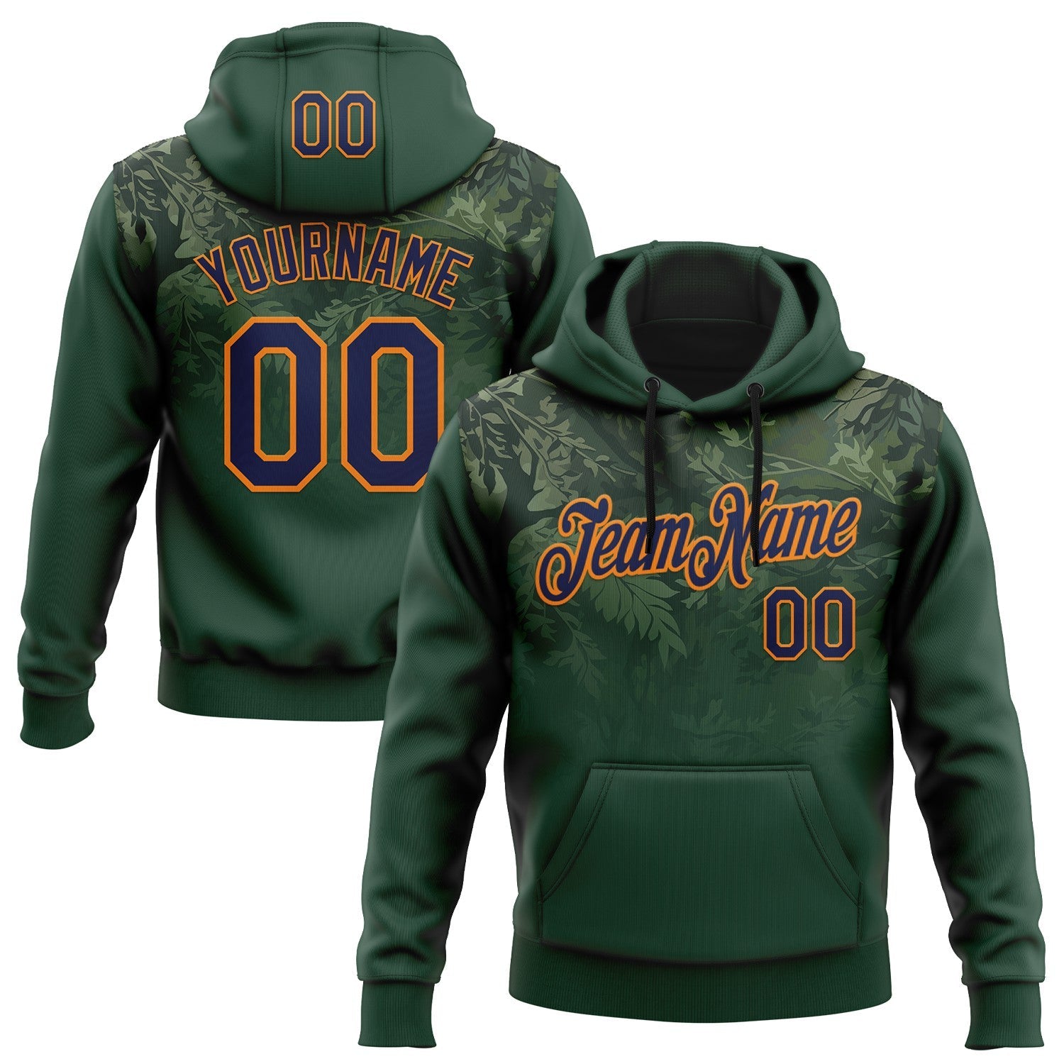 Custom Stitched Green Navy-Bay Orange 3D Pattern Design Tree Camo Gradient Hunting Sports Pullover Sweatshirt Hoodie - Main View