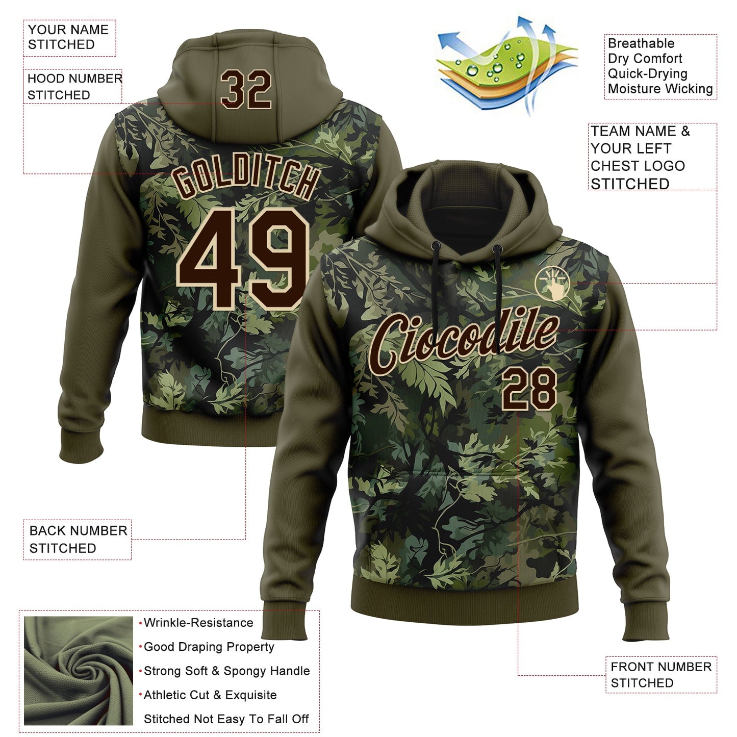 Custom Stitched Olive Brown-Cream 3D Pattern Design Tree Camo Hunting Sports Pullover Sweatshirt Salute To Service Hoodie view 2