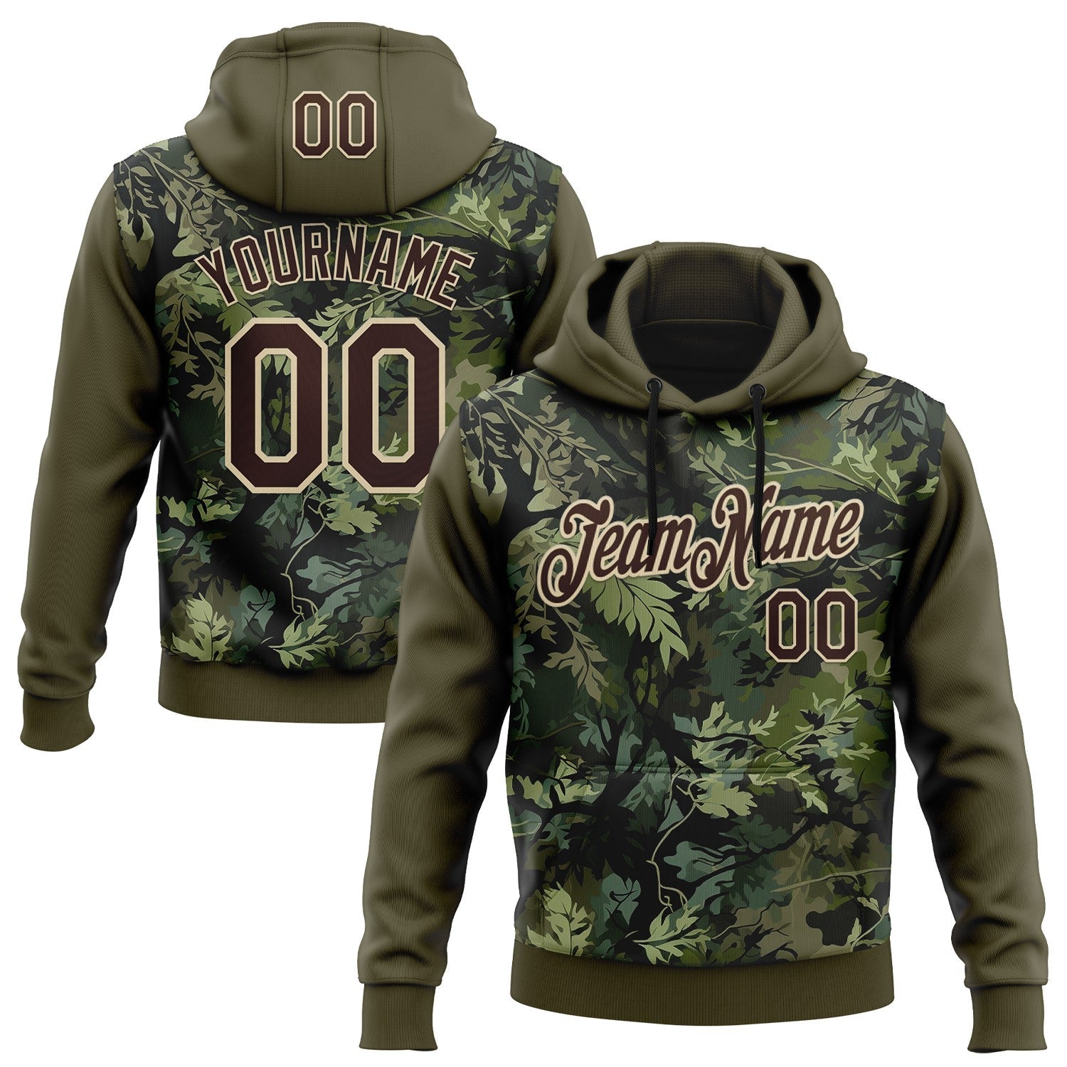 Custom Stitched Olive Brown-Cream 3D Pattern Design Tree Camo Hunting Sports Pullover Sweatshirt Salute To Service Hoodie - Main View