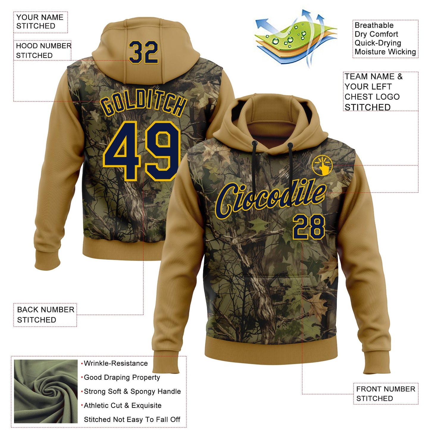 Custom Stitched Old Gold Navy-Yellow 3D Pattern Design Tree Camo Hunting Sports Pullover Sweatshirt Hoodie view 2