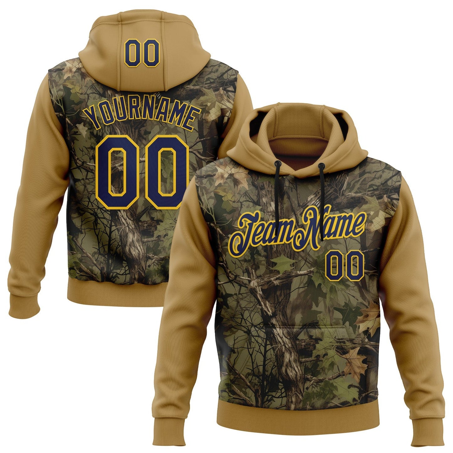 Custom Stitched Old Gold Navy-Yellow 3D Pattern Design Tree Camo Hunting Sports Pullover Sweatshirt Hoodie - Main View