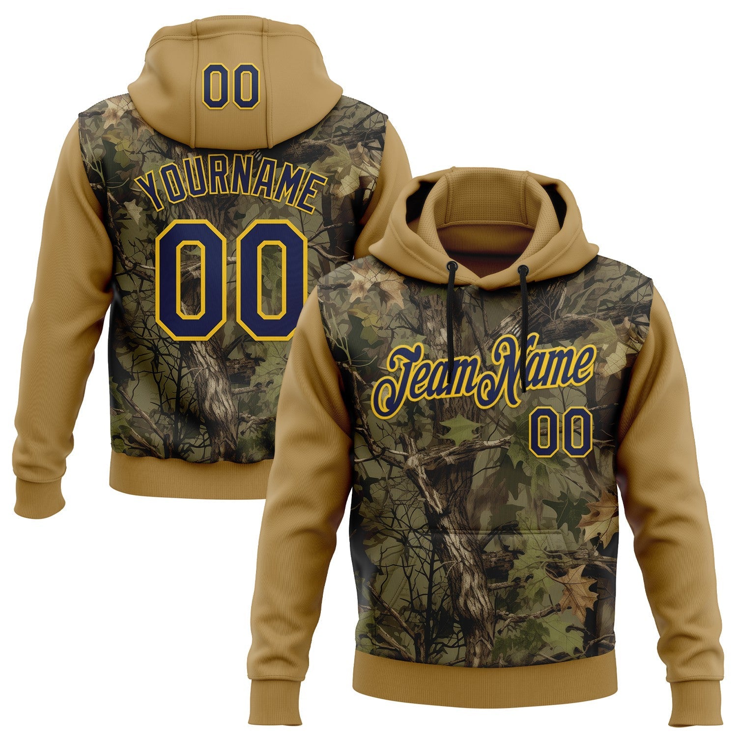 Custom Stitched Old Gold Navy-Yellow 3D Pattern Design Tree Camo Hunting Sports Pullover Sweatshirt Hoodie - Main View