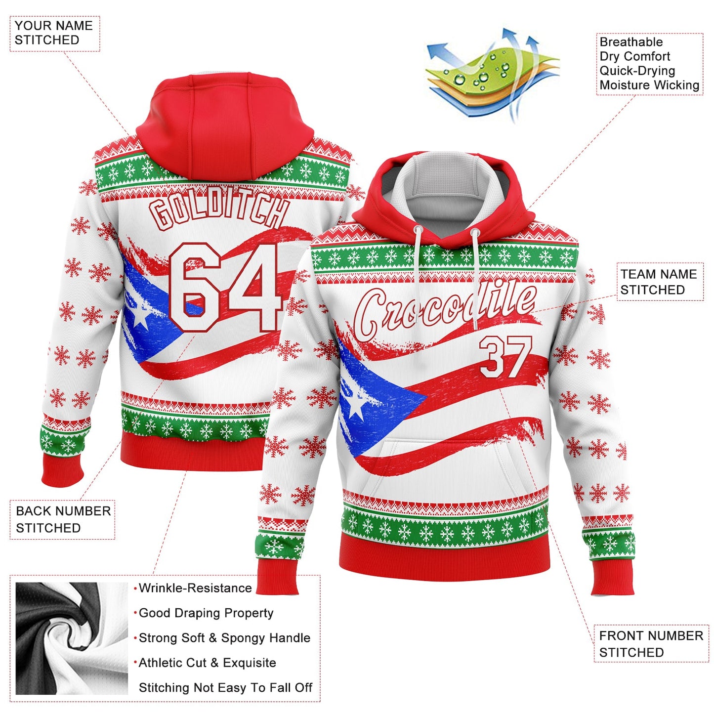 Custom Stitched Red White-Kelly Green 3D Puerto Rican Flag Sports Pullover Sweatshirt Hoodie view 2