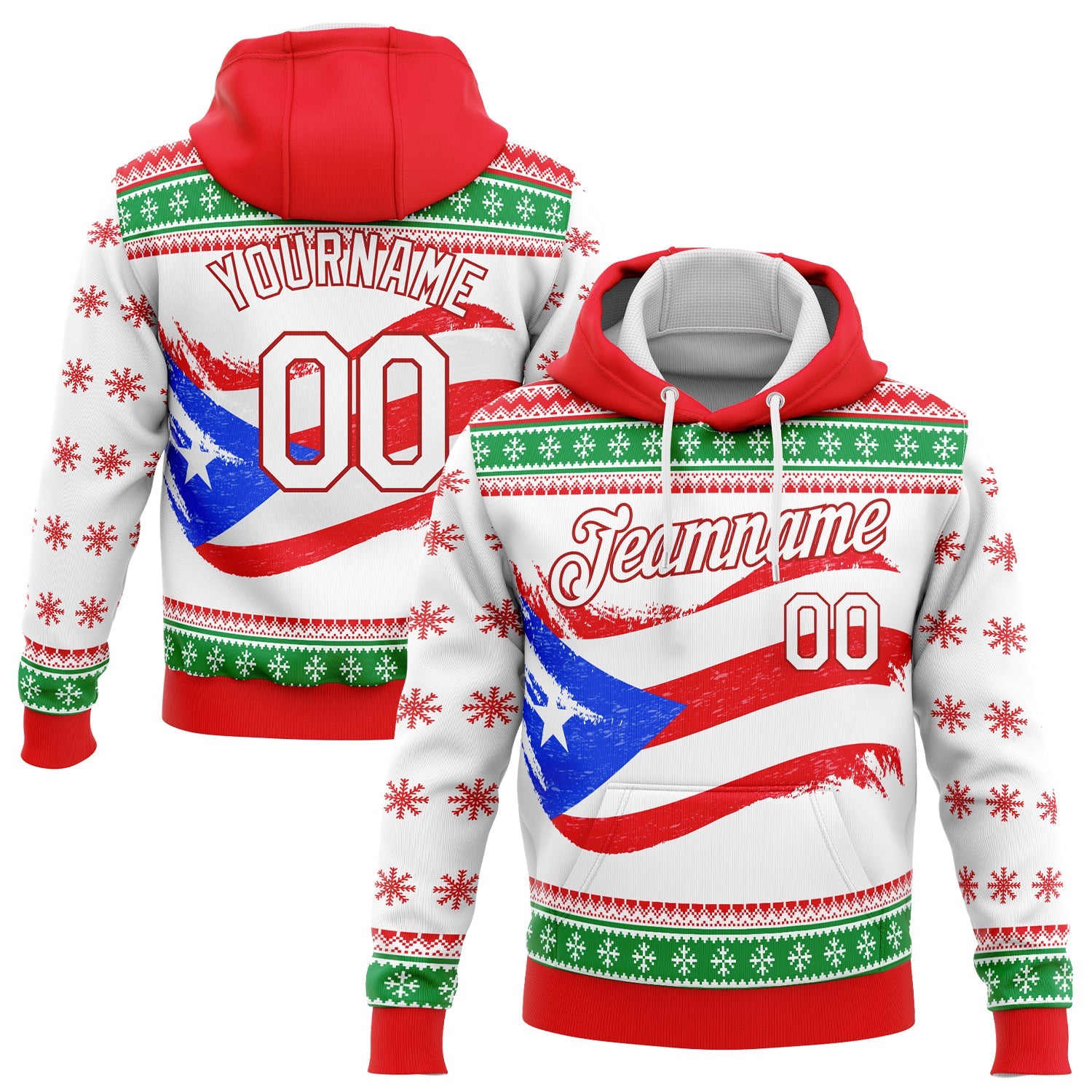 Custom Stitched Red White-Kelly Green 3D Puerto Rican Flag Sports Pullover Sweatshirt Hoodie - Main View