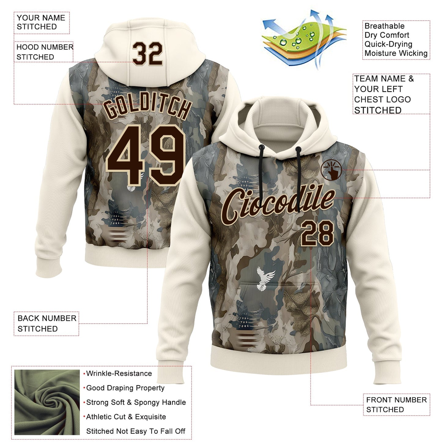 Custom Stitched Cream Brown-Cream 3D Pattern Design Tree Camo Hunting Sports Pullover Sweatshirt Hoodie view 2