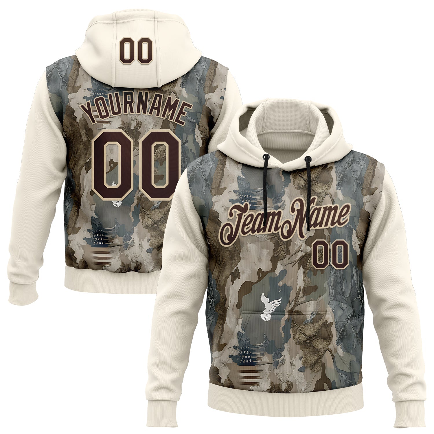 Custom Stitched Cream Brown-Cream 3D Pattern Design Tree Camo Hunting Sports Pullover Sweatshirt Hoodie - Main View