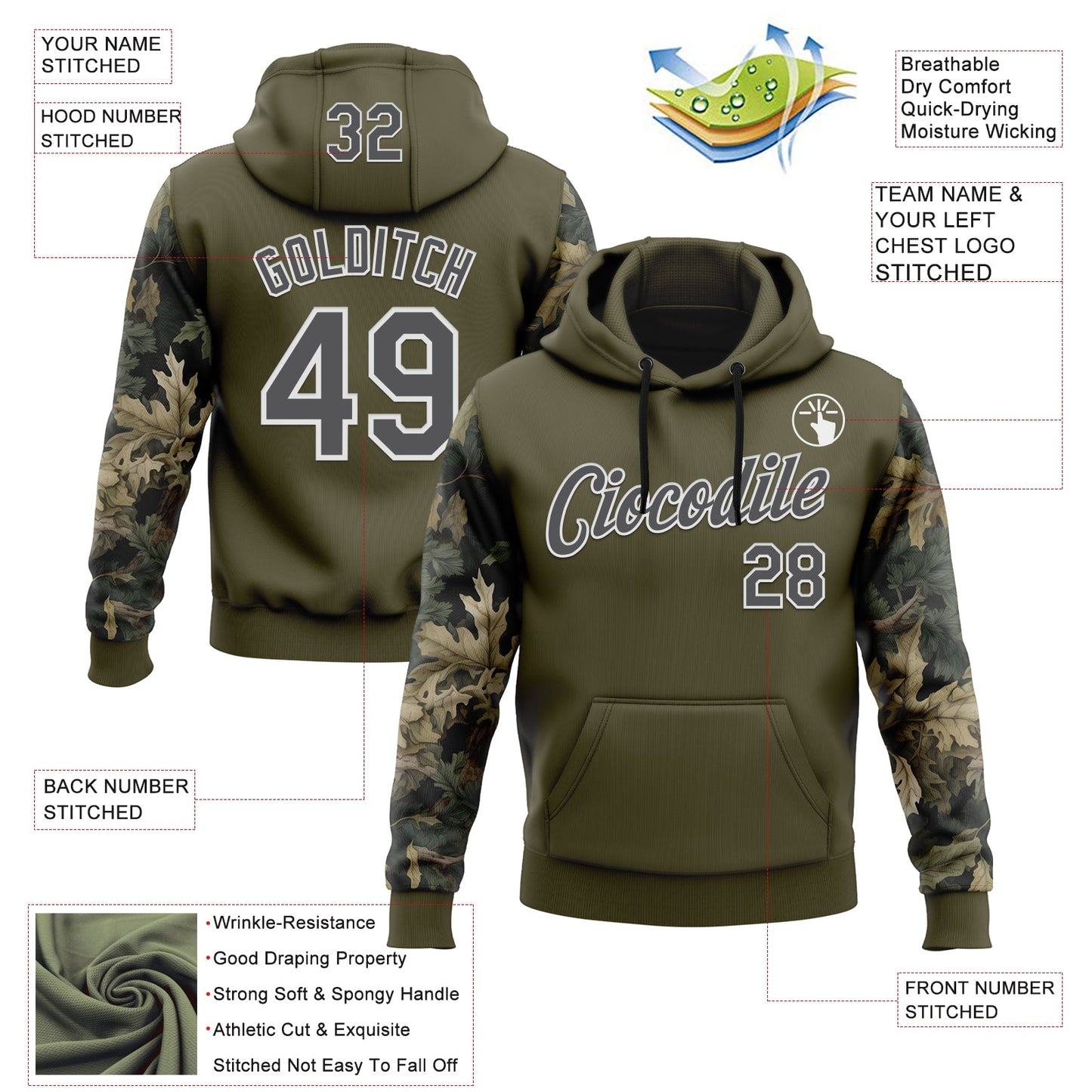 Custom Stitched Olive Steel Gray-White 3D Pattern Design Tree Camo Hunting Sports Pullover Sweatshirt Salute To Service Hoodie view 2