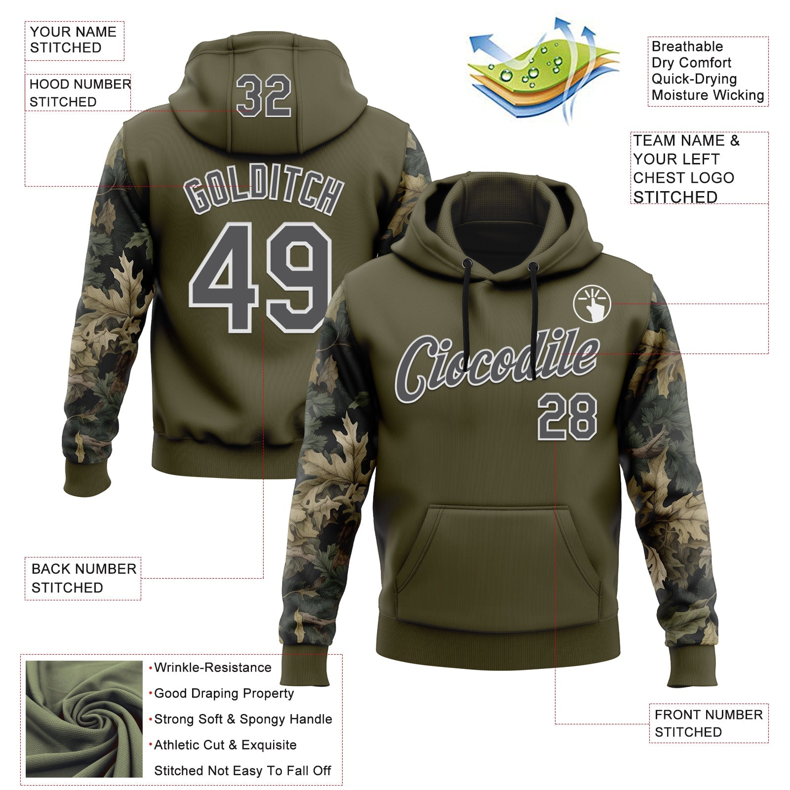 Custom Stitched Olive Steel Gray-White 3D Pattern Design Tree Camo Hunting Sports Pullover Sweatshirt Salute To Service Hoodie view 2