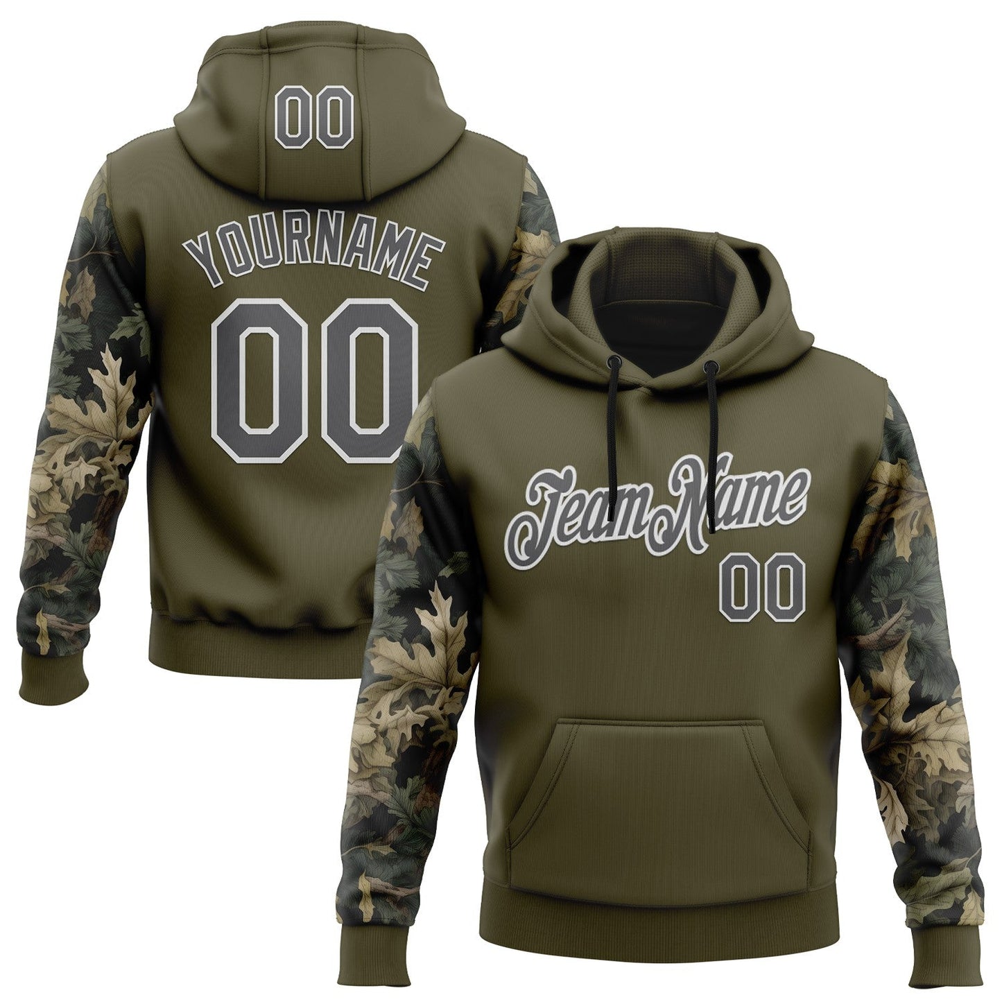 Custom Stitched Olive Steel Gray-White 3D Pattern Design Tree Camo Hunting Sports Pullover Sweatshirt Salute To Service Hoodie - Main View