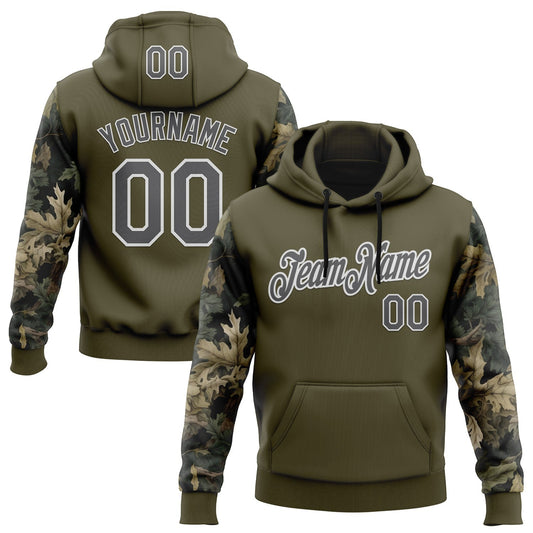 Custom Stitched Olive Steel Gray-White 3D Pattern Design Tree Camo Hunting Sports Pullover Sweatshirt Salute To Service Hoodie - Main View
