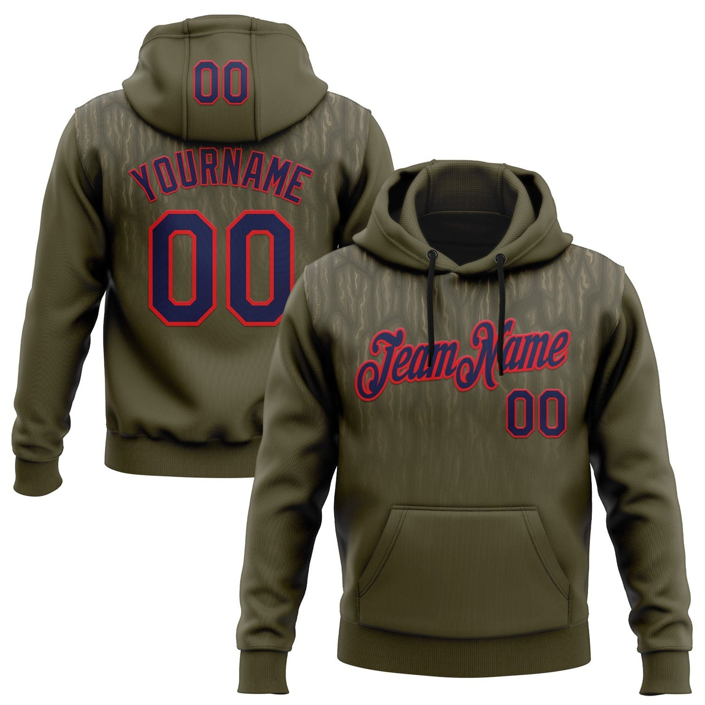 Custom Stitched Olive Navy-Fire Red 3D Pattern Design Tree Camo Gradient Hunting Sports Pullover Sweatshirt Salute To Service Hoodie - Main View