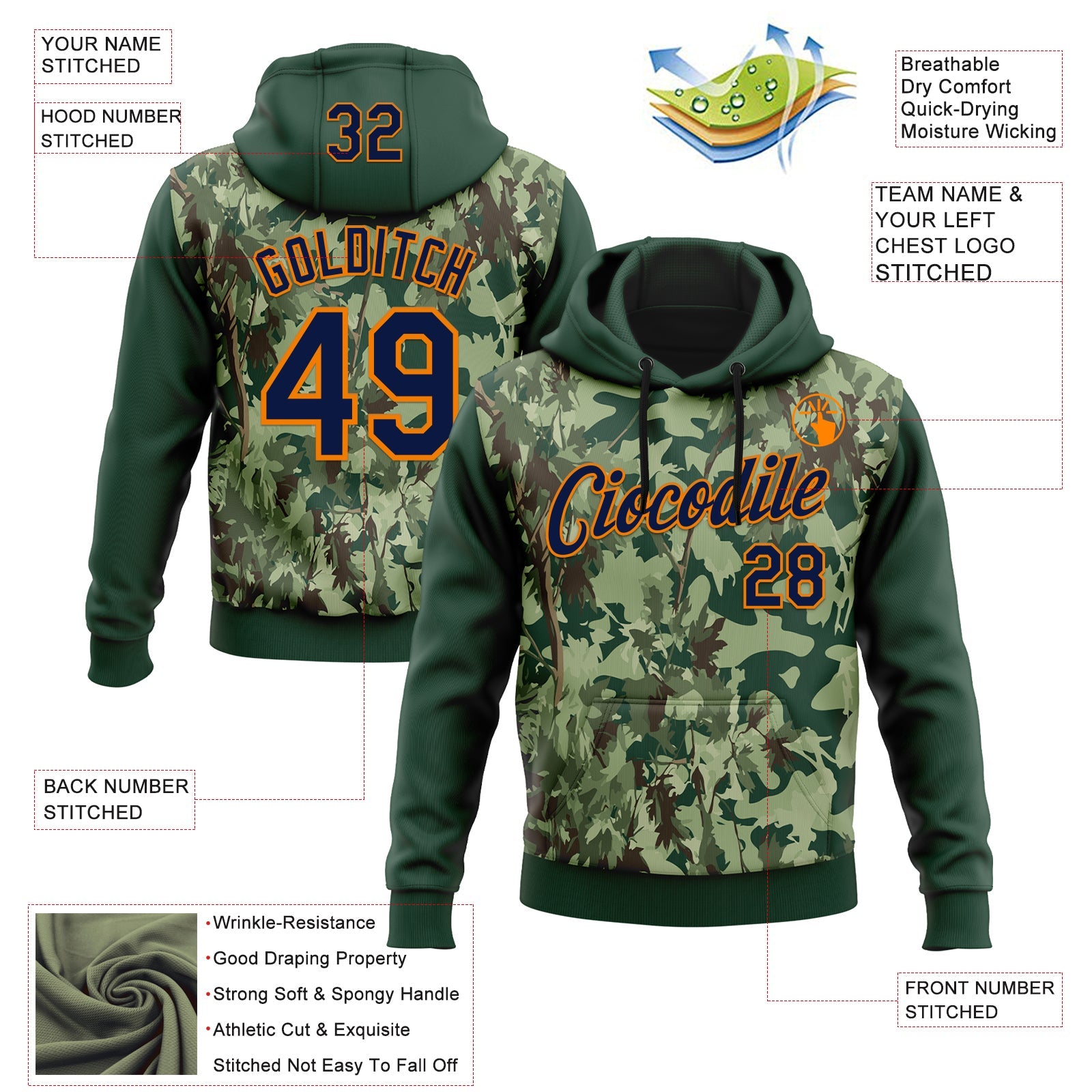 Custom Stitched Green Navy-Bay Orange 3D Pattern Design Tree Camo Hunting Sports Pullover Sweatshirt Hoodie view 2